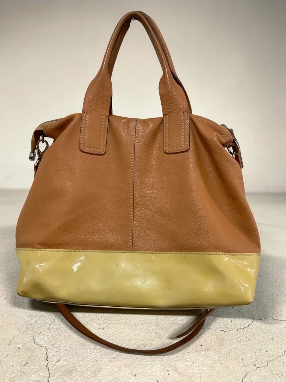 Two-Tone Leather and Patent Leather Satchel Bag in Brown and Yellow